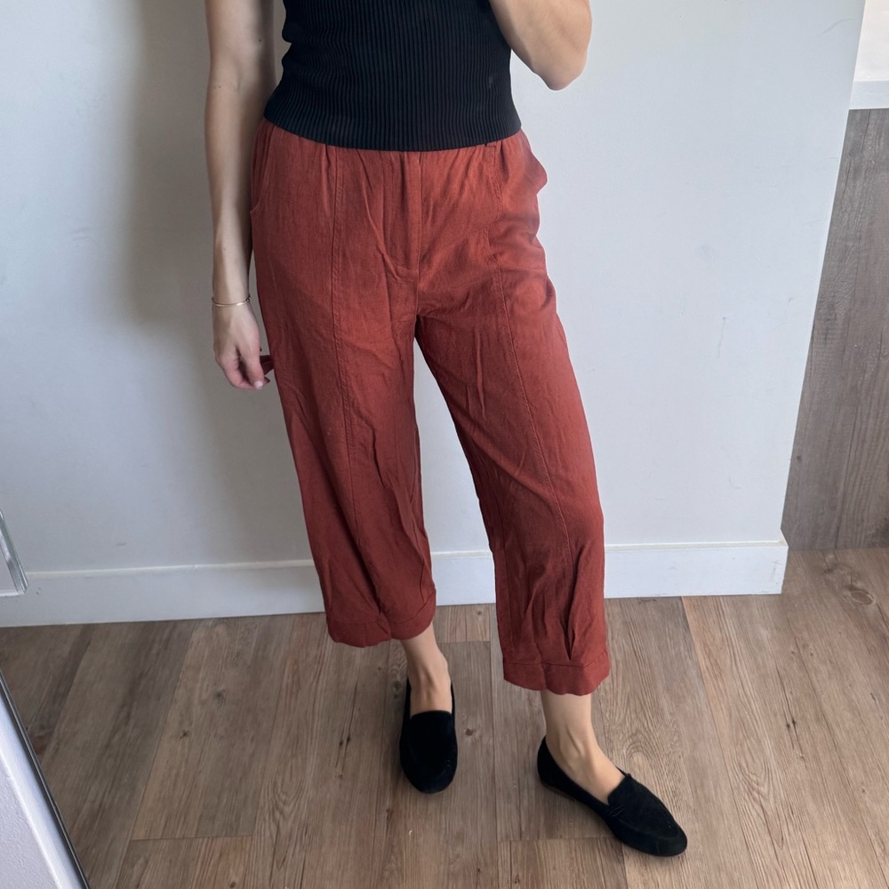 Brick coloured linen pants with elastic waist band. Size XS
